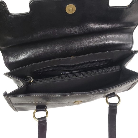 Bass Handbag Purse Black Leather Compartments Magnetic Closure Double Handles - Picture 3 of 7